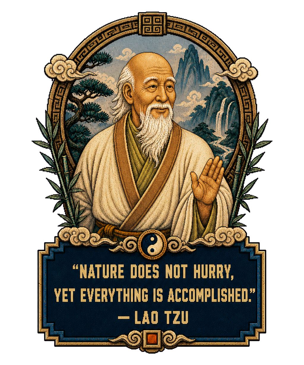 Original Laozi “Nature Does Not Hurry” artwork used on the front of the philosophy tee