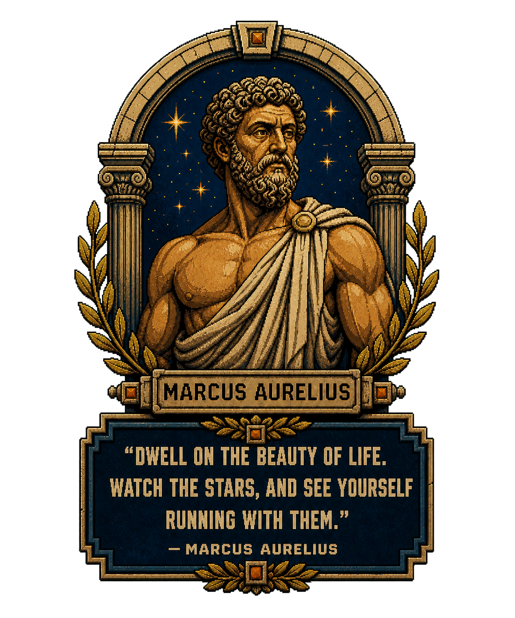 Original Marcus Aurelius “Watch the Stars” artwork used on the front of the philosophy tee