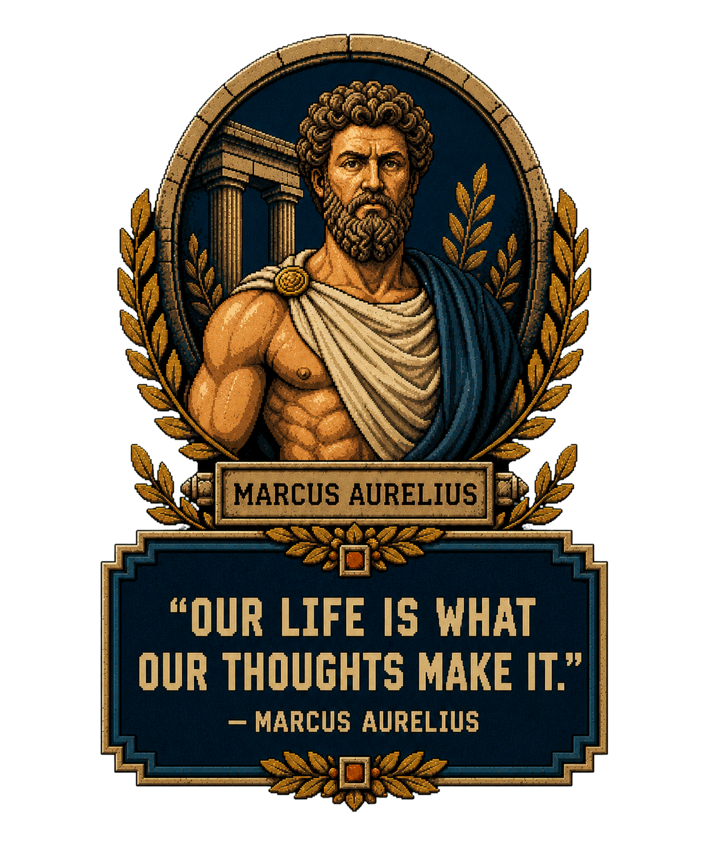 Original Marcus Aurelius “Our Life Is What Our Thoughts Make It” artwork used on the front of the philosophy tee