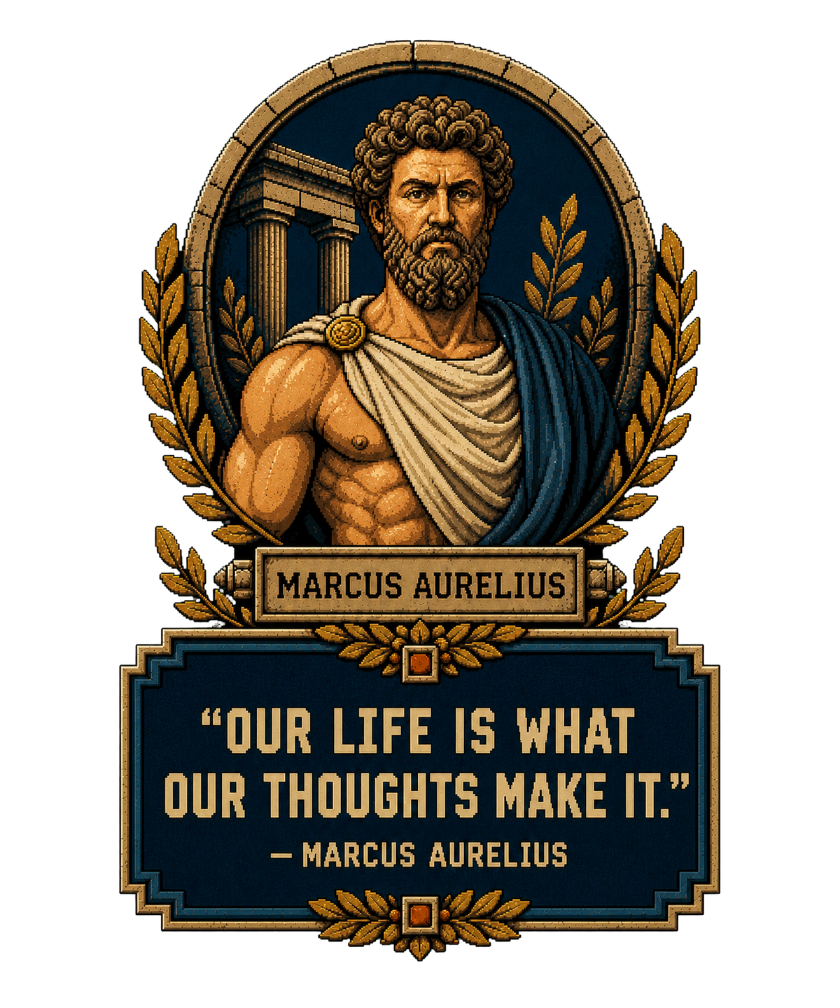 Original Marcus Aurelius “Our Life Is What Our Thoughts Make It” artwork used on the front of the philosophy tee