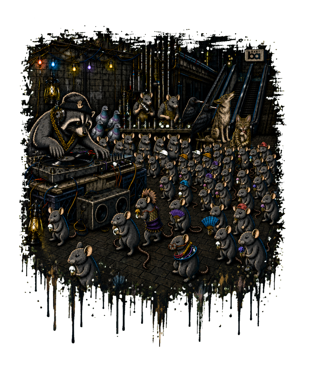 Original After Hours: The Mission Critter Rave artwork close-up with raccoon DJ and dancing city animals