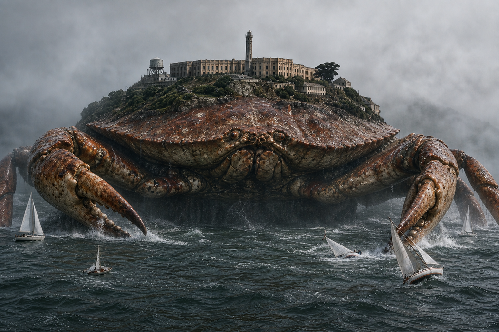 Original Alcatraz Awakens artwork close-up of a giant Dungeness crab carrying Alcatraz Island above sailboats in San Francisco Bay
