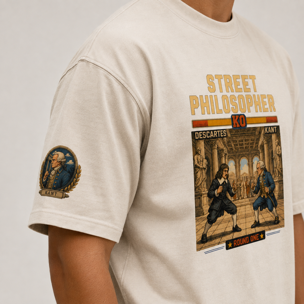 Close-up of the Kant right-sleeve print on the premium oversized tee