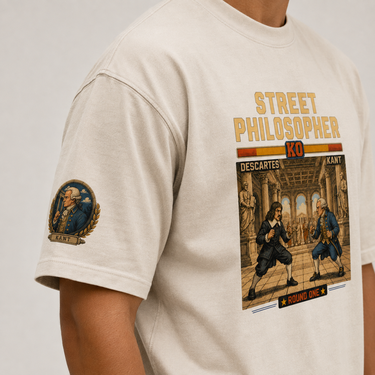 Close-up of the Kant right-sleeve print on the premium oversized tee