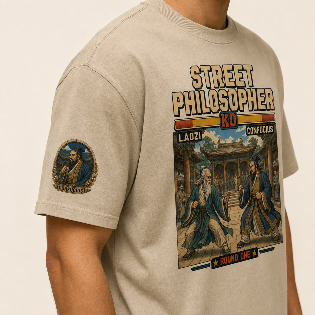 Close-up of the Confucius right-sleeve print on the premium oversized tee