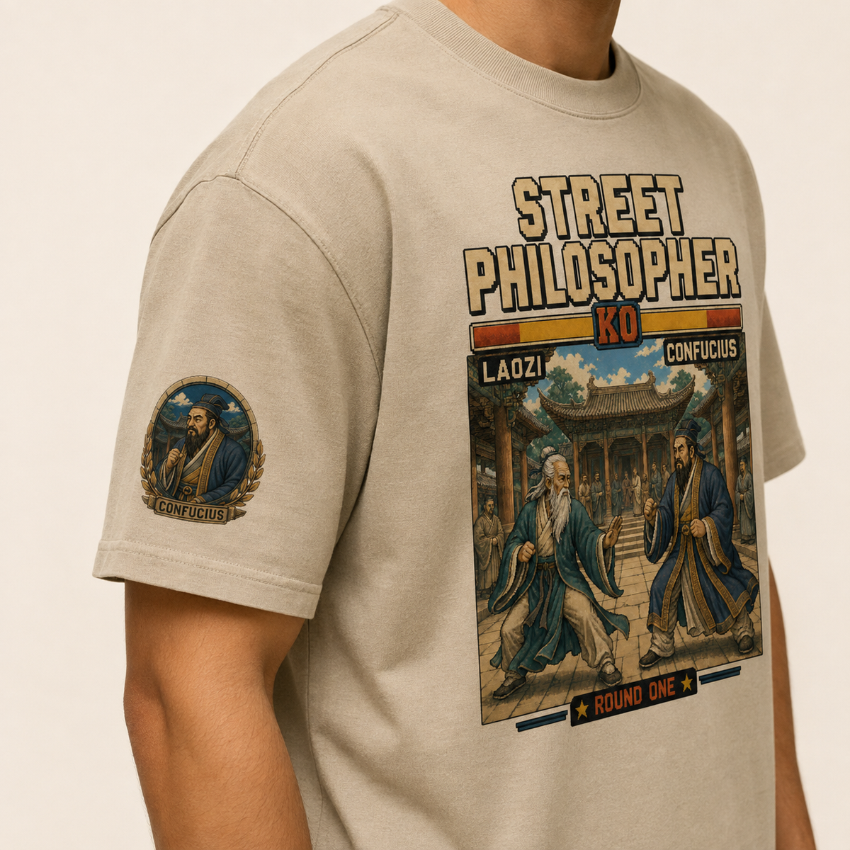 Close-up of the Confucius right-sleeve print on the premium oversized tee