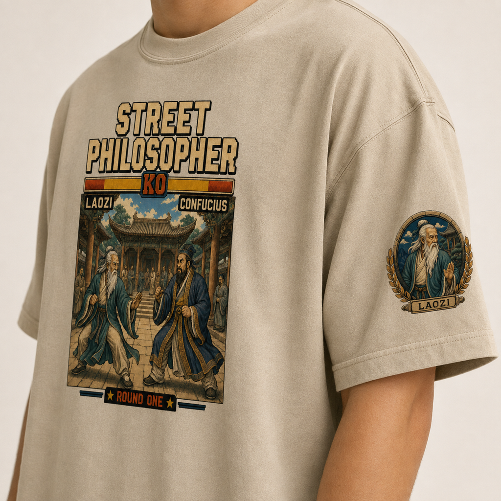 Close-up of the Laozi left-sleeve print on the premium oversized tee