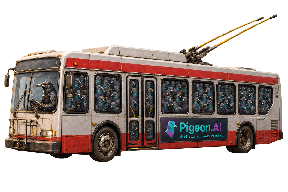 Original Pigeon.AI Morning Commute artwork close-up of a crow-driven San Francisco trolley bus packed with pigeon passengers
