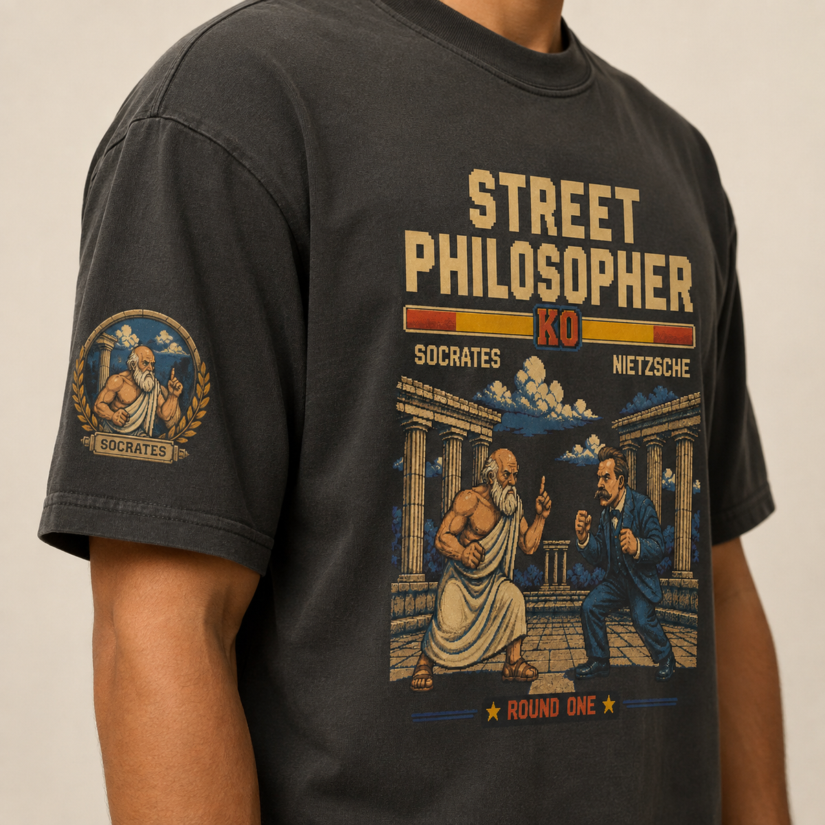 Close-up of the Socrates right-sleeve print on the premium oversized tee