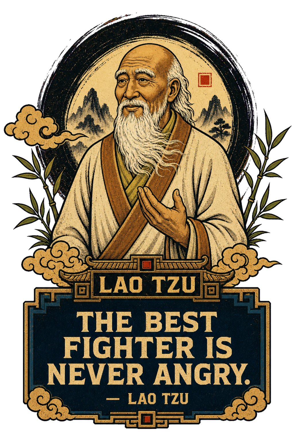 Original Laozi “The Best Fighter Is Never Angry” artwork used on the front of the philosophy tee