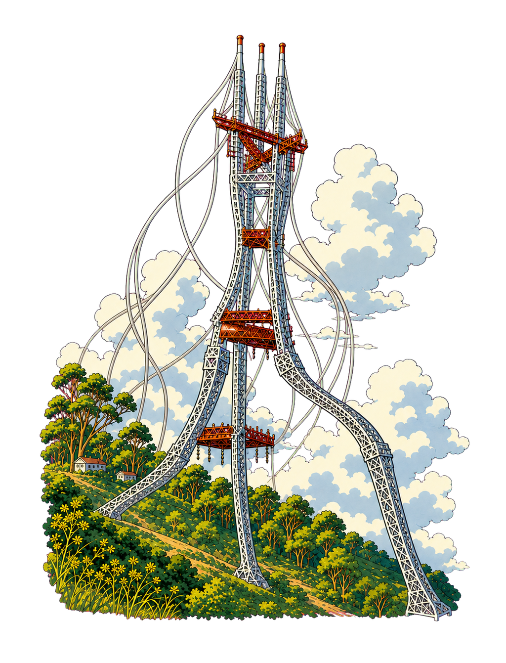 Original Sutro Takes a Stroll artwork close-up of San Francisco’s Sutro Tower walking across a green hillside beneath clouds