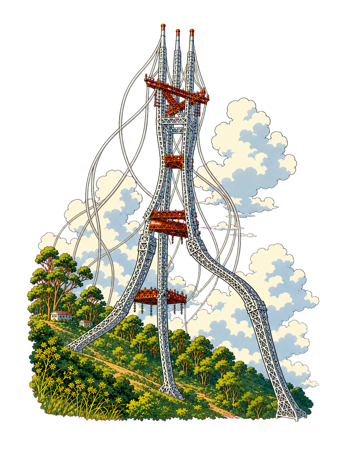 Original Sutro Takes a Stroll artwork close-up of San Francisco’s Sutro Tower walking across a green hillside beneath clouds