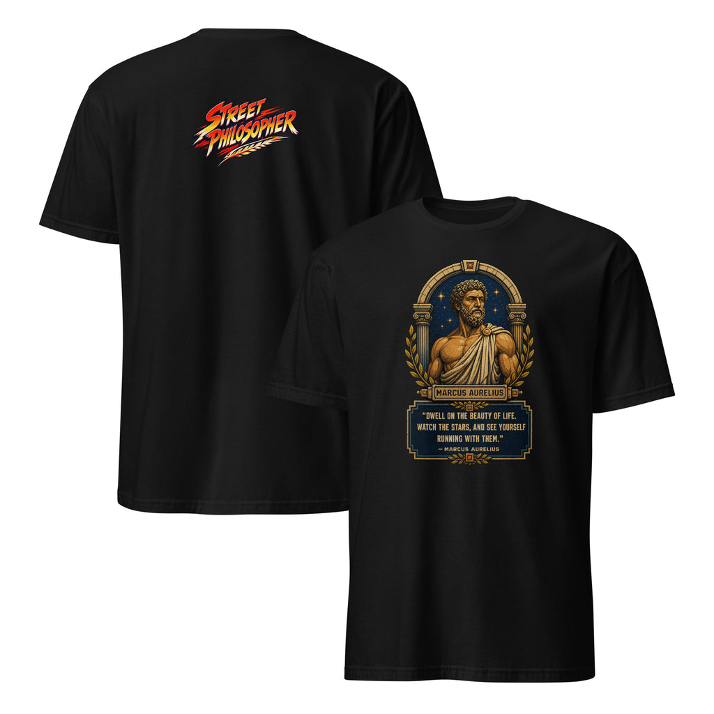 Front and back views of the Marcus Aurelius “Watch the Stars” philosophy tee in black