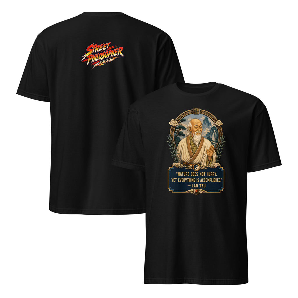 Front and back views of the Laozi “Nature Does Not Hurry” philosophy tee in black