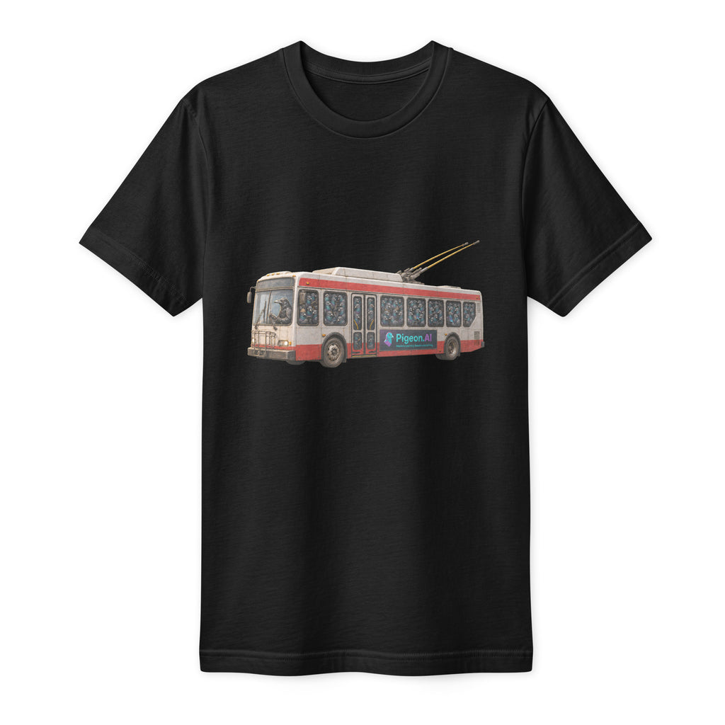 The Pigeon.AI Morning Commute Black Tultex 202 fine jersey tee, front view with pigeon-filled trolley bus artwork