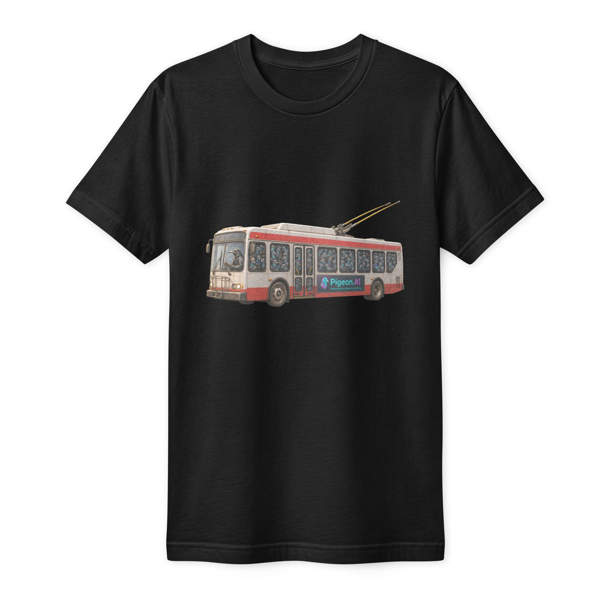 The Pigeon.AI Morning Commute Black Tultex 202 fine jersey tee, front view with pigeon-filled trolley bus artwork