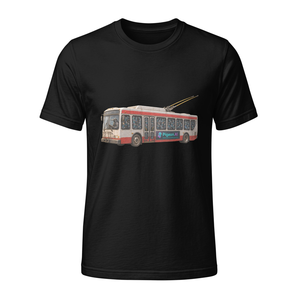 Alternate front mockup of the Black Tultex 202 Pigeon.AI Morning Commute tee showing the trolley bus chest print