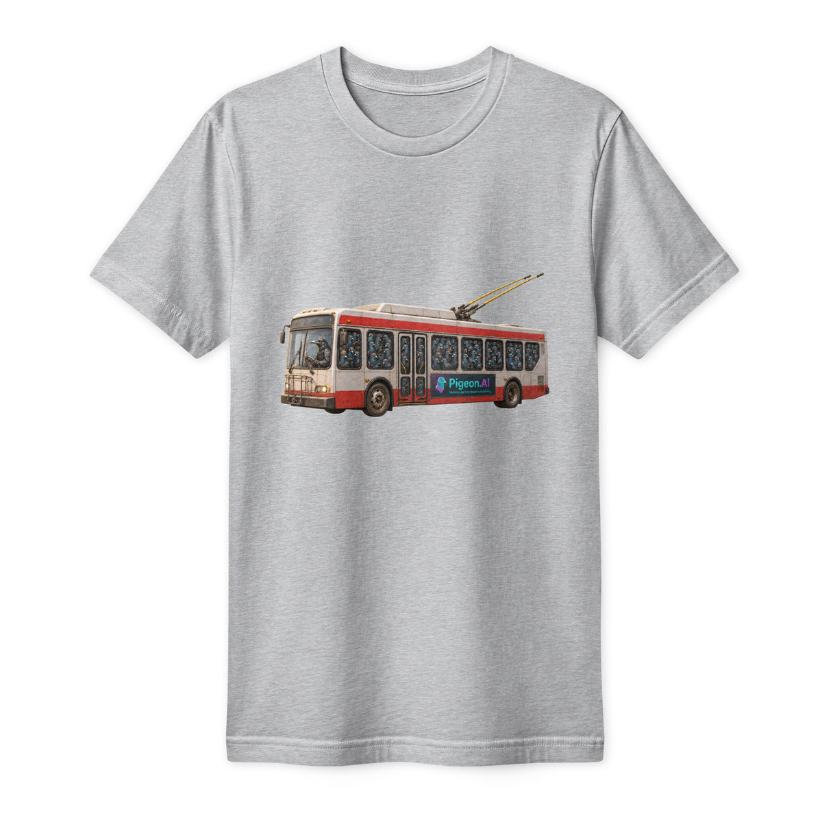 The Pigeon.AI Morning Commute Heather Grey Tultex 202 fine jersey tee, front view with pigeon-filled trolley bus artwork