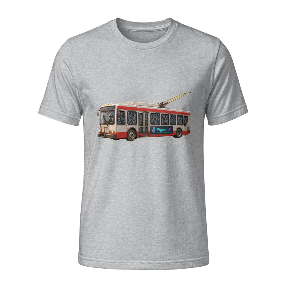 Alternate front mockup of the Heather Grey Tultex 202 Pigeon.AI Morning Commute tee showing the trolley bus chest print