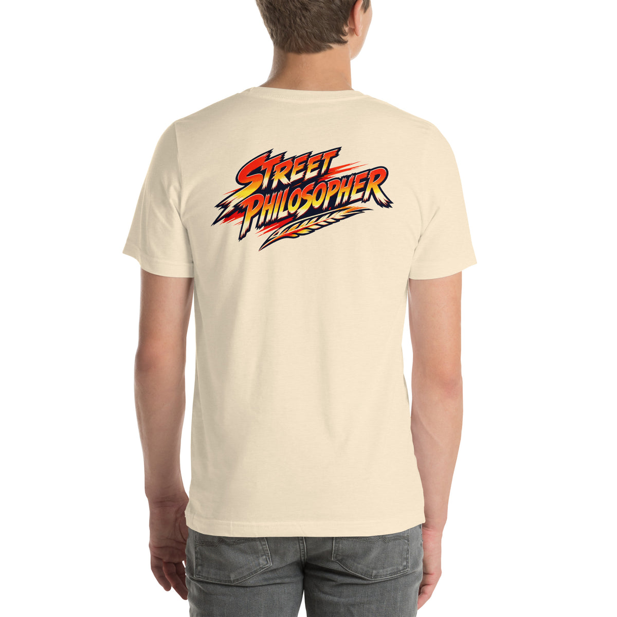 Socrates Strong Minds tee in Heather Natural — Bella + Canvas 3001 back view with Street Philosopher arcade logo