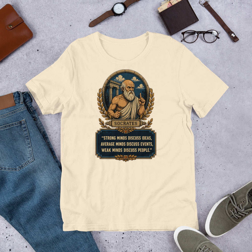 Socrates Strong Minds tee in Heather Natural — Bella + Canvas 3001 front artwork in a flat-lay mockup