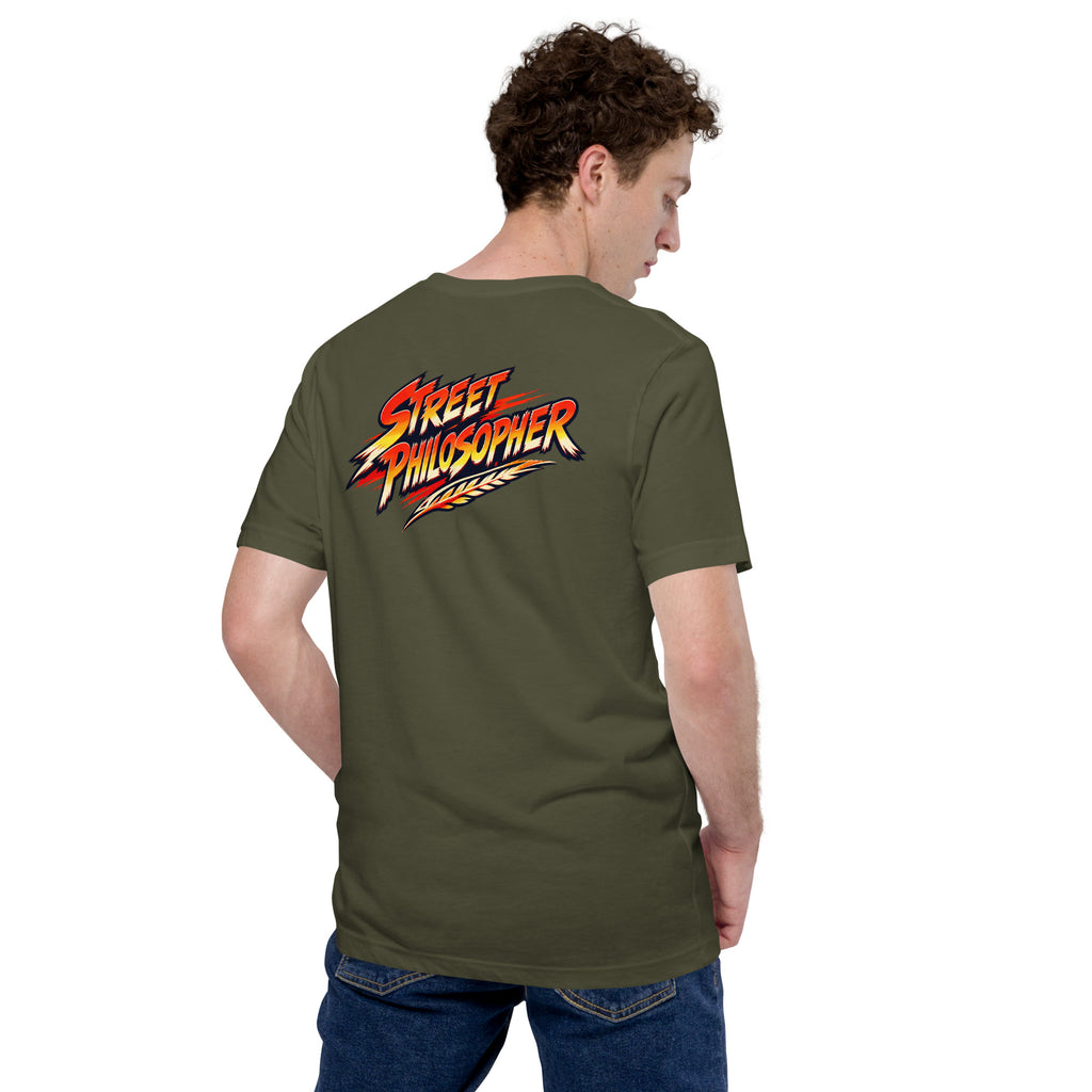 Socrates Strong Minds tee in Military Green — Bella + Canvas 3001 back view with Street Philosopher arcade logo