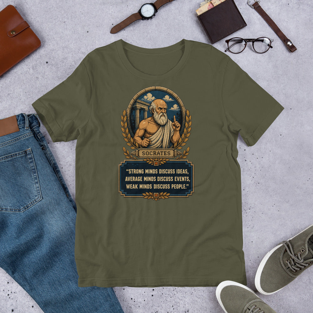 Socrates Strong Minds tee in Military Green — Bella + Canvas 3001 front artwork in a flat-lay mockup