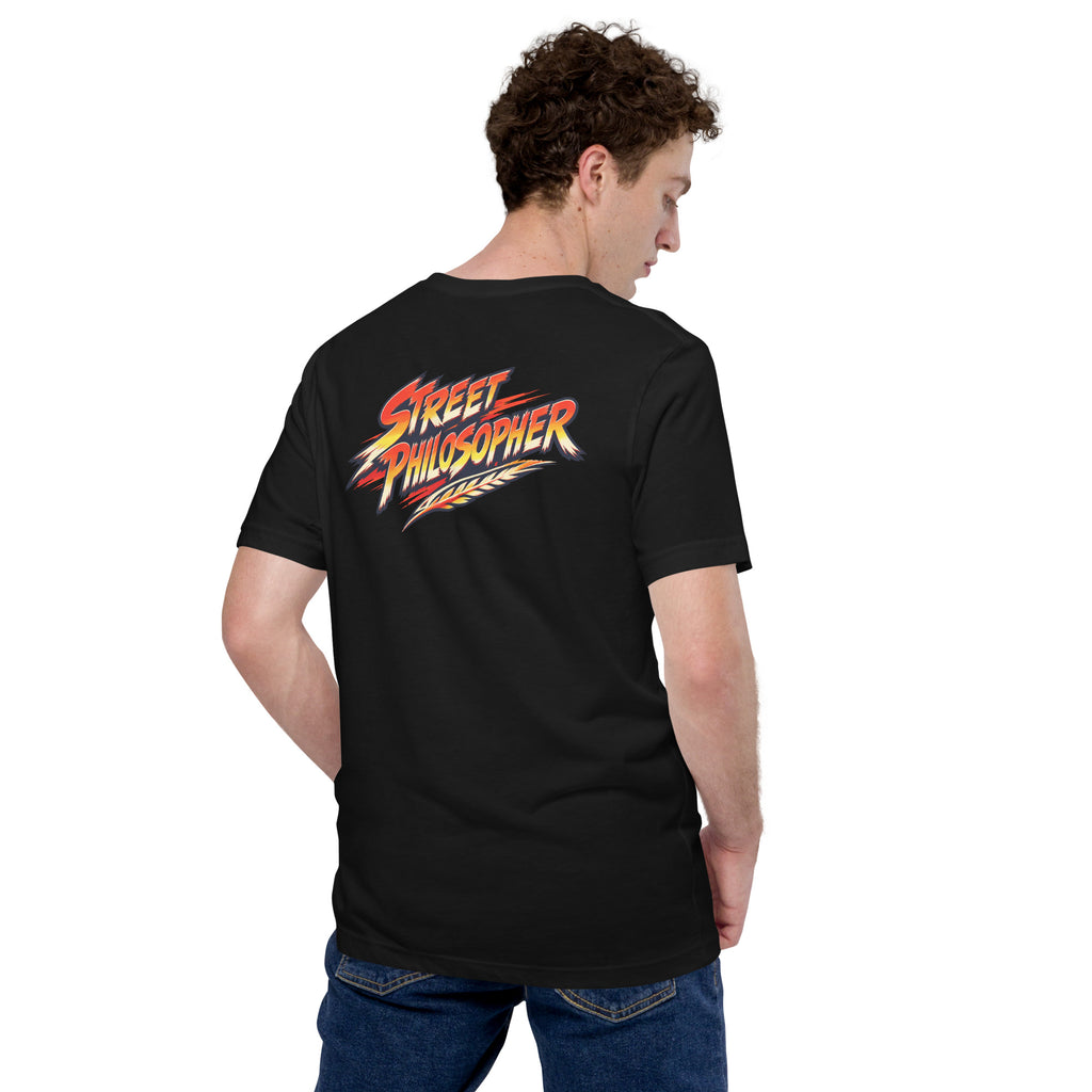 Socrates Strong Minds tee in Vintage Black — Bella + Canvas 3001 back view with Street Philosopher arcade logo