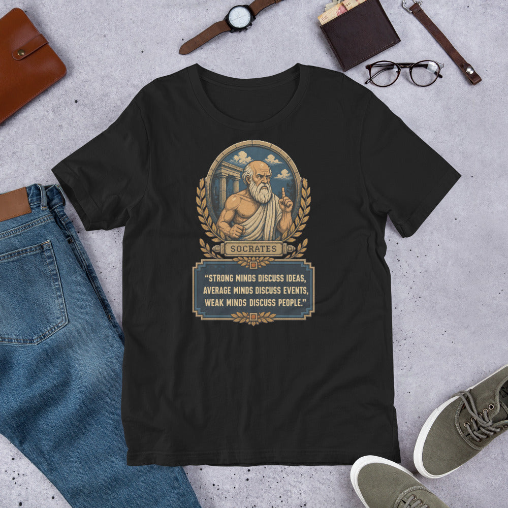 Socrates Strong Minds tee in Vintage Black — Bella + Canvas 3001 front artwork in a flat-lay mockup